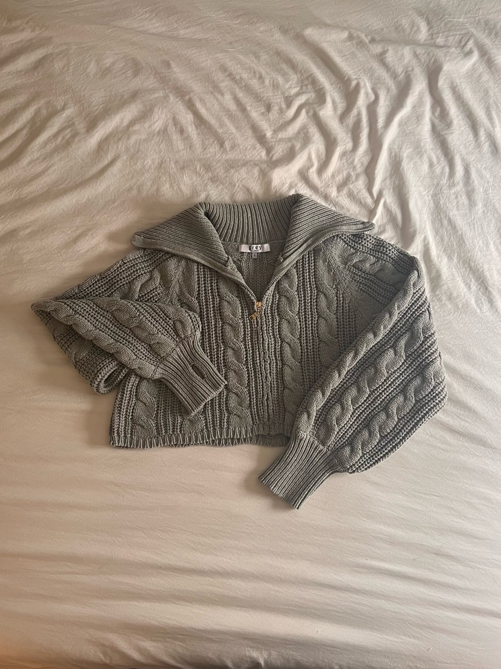 Women's Gray Cable Knit Cropped Zip-Up Sweater